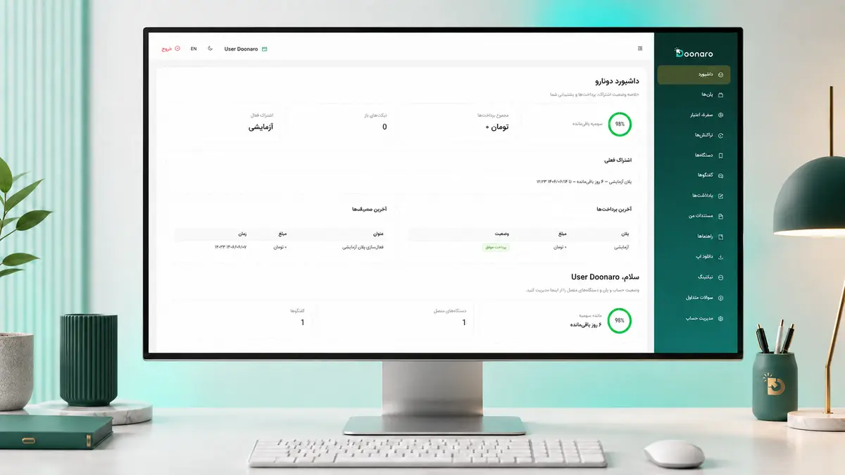 داشبورد حساب کاربری دونارو با نام User Doonaro